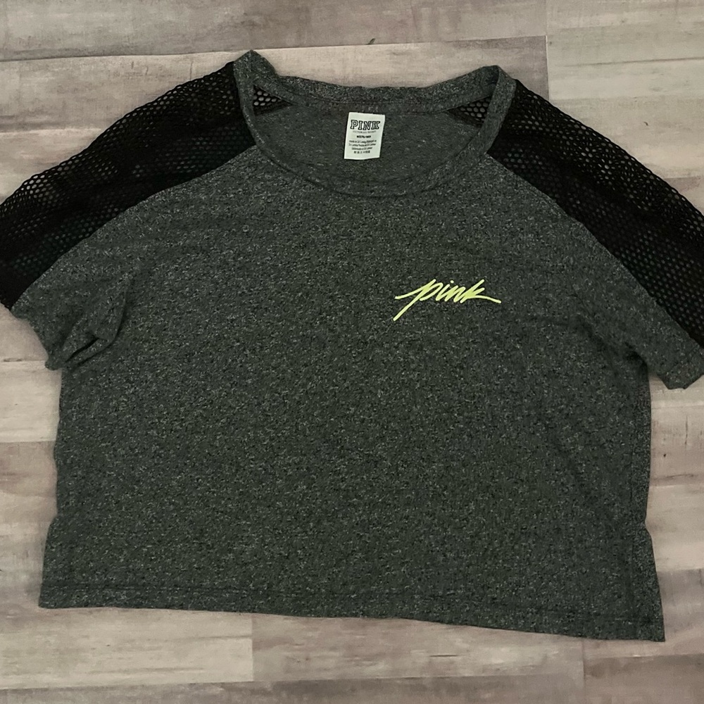 Victoria’s Secret PINK Gray & Black Mesh Sleeve Cropped Tee – Medium